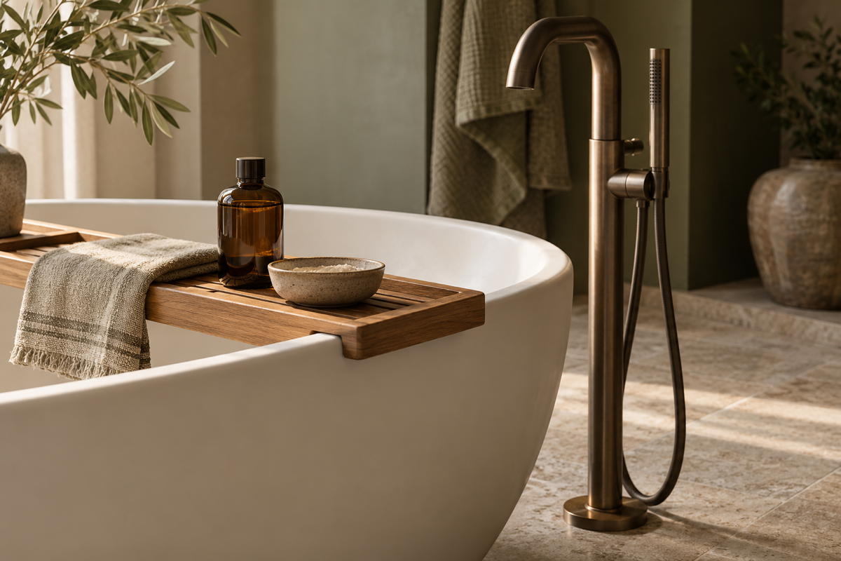 Teak bath caddy tray resting across a bathtub beside a bronze floor-standing mixer
