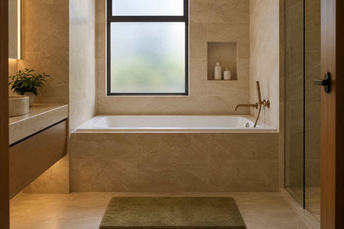 Built-in alcove bathtub with a stone-look tiled apron in a Kuala Lumpur condominium bathroom